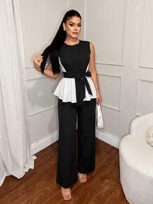 Vavine Classic Black & White Colorblock Commuter Round Neck Sleeveless Patchwork Top And High Waist Straight Leg Wide Leg Pants Set - Black and White - View 3