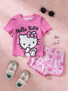 HELLO KITTY AND FRIENDS | SHEIN 女嬰字母印花短袖T恤與短褲休閒套裝 - 粉色 - 查看 1