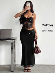SHEIN PETITE 女款對比蕾絲腰部鏤空時尚性感細肩帶洋裝 - 黑色 - 查看 8