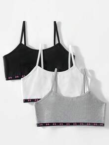 3pcs/Set Girls Big Tween Girl Black White Gray Bow Ribbon Hem Solid Color Simple Sweet Basic Comfortable Soft Camisole Underwear - Multicolor - View 3