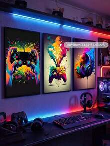 3Pcs Gaming Controller Canvas Wall Art – RGB Headphone Gamer Posters, Modern Video Game Room Decor, Gift For Boys Men Teens (Unframed) - multicolor - View 7