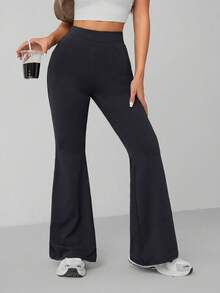 SHEIN PETITE 女款純色高腰休閒百搭日常喇叭褲 - 深灰色 - 查看 5