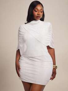 Radiana Curve Plus Size Women's Mesh Asymmetrical Draped Sleeve Mock Neck Bodycon Mini Dress - White - View 4