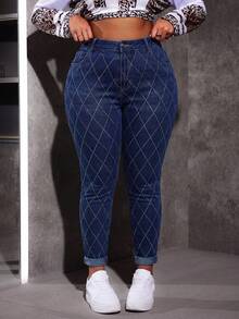 Slaydiva Women's Plus-Size High-Waisted Skinny Jeans Featuring Pockets, Button Closure, And A Diamond-Quilted Design-Suitable For Daily Wear, Outings, Or Parti - Dark Wash - View 3