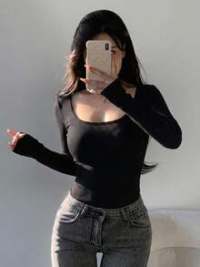 DAZY 女款休閒百搭純色長袖T恤 - 黑色 - 查看 2