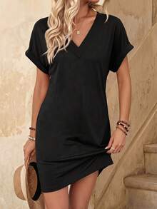 EMERY ROSE Women's Random Printed Simple Daily Summer Short Sleeve T-Shirt Dress - Black - View 1