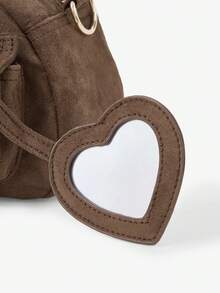 Viva Strut Ladies Fashionable Casual Street Personalized Sweet Cool Spice Y2K, Heart Mirror Pendant Rivet Design, Brown Suede Retro Handbag, Crossbody Bag - Coffee - View 6