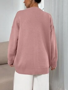 EURMUSE 女式纯色落肩长袖单排扣休闲针织开衫 - 藕粉色 - 查看 2