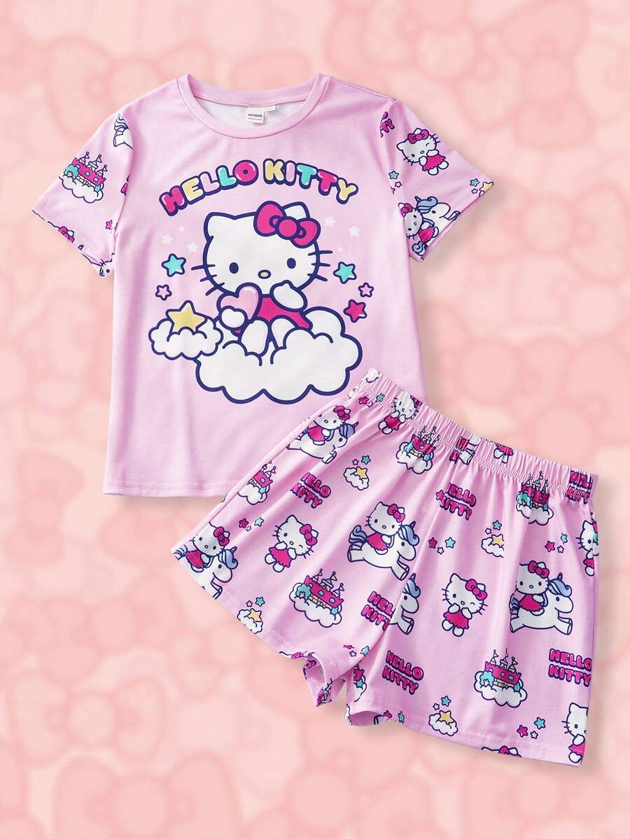 HELLO KITTY AND FRIENDS | SHEIN 少女可爱卡通字母图案短袖T恤和短裤睡衣套装，夏季 - 粉色 - 查看 1