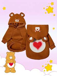 Care Bears X PETSIN 1件 Tenderheart 熊卡通印花棕色刷毛保暖連帽衛衣，適用於貓狗，彈性舒適，適合舒適的室內時光或寒冷夜晚的戶外散步 - 棕色 - 查看 1