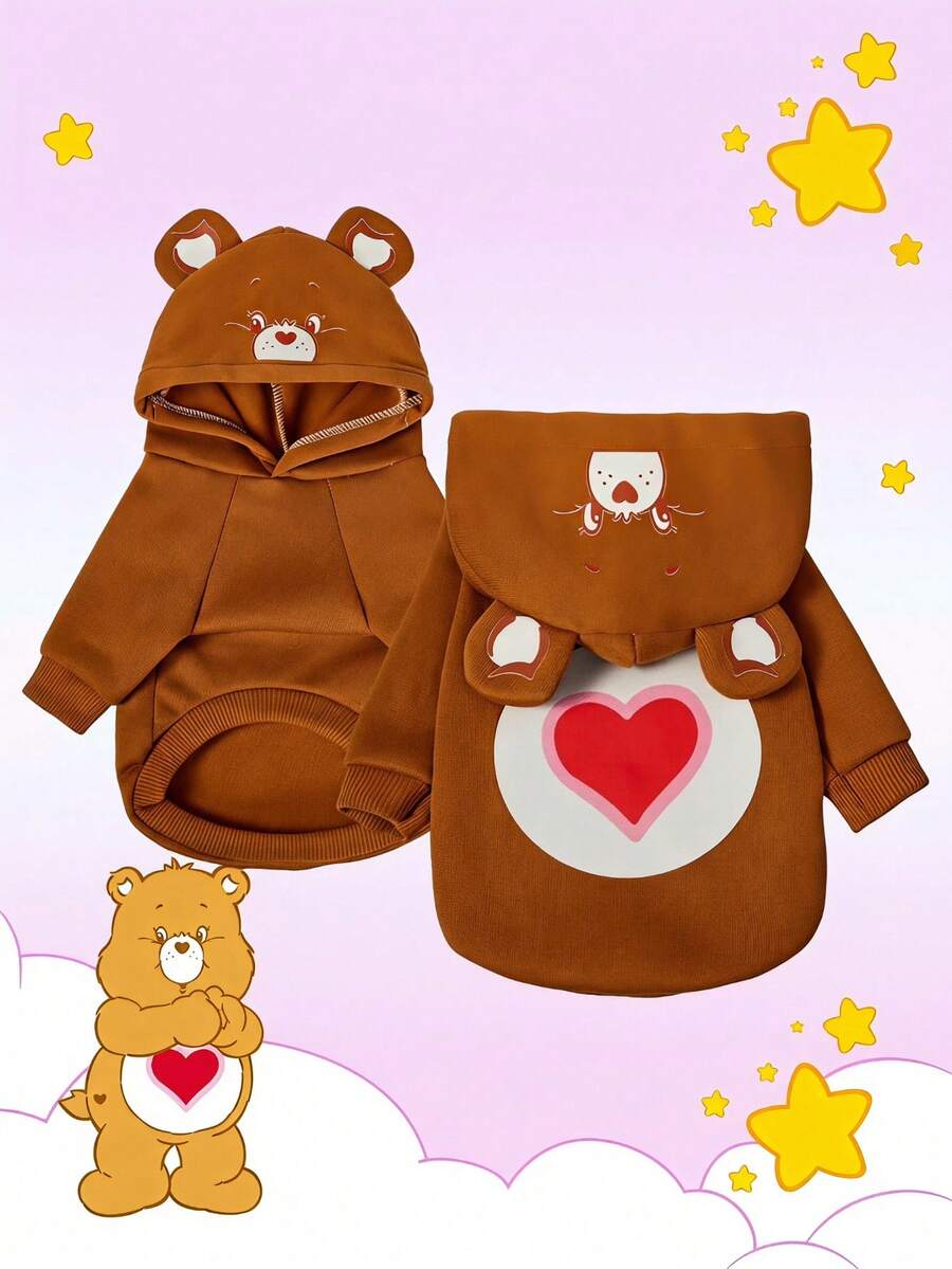 Care Bears X PETSIN 1件 Tenderheart 熊卡通印花棕色刷毛保暖連帽衛衣,適用於貓狗,彈性舒適,適合舒適的室內時光或寒冷夜晚的戶外散步 - 棕色 - 查看 1