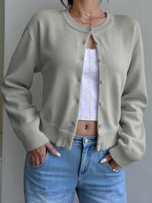 SHEIN 青少年女孩純色單排扣休閒百搭日常穿搭開襟衫 - 灰色 - 查看 6