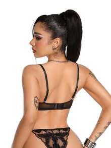 AltCore Women's Sexy Classic Black Feather Embroidered Lingerie Set 2pcs - Black - View 2