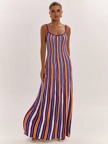 SHEIN BAE 紋理沙灘度假風細肩帶洋裝，收腰設計，優雅知性女款洋裝 - 彩色 - 查看 5