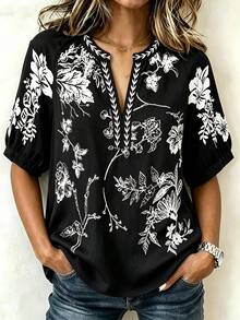Linhara Spring Summer Autumn Casual Boho Commute Vacation Mid-Sleeve Raglan Sleeve V-Neck Floral Print Solid Color Blouse Plus Size Black - Black - View 1