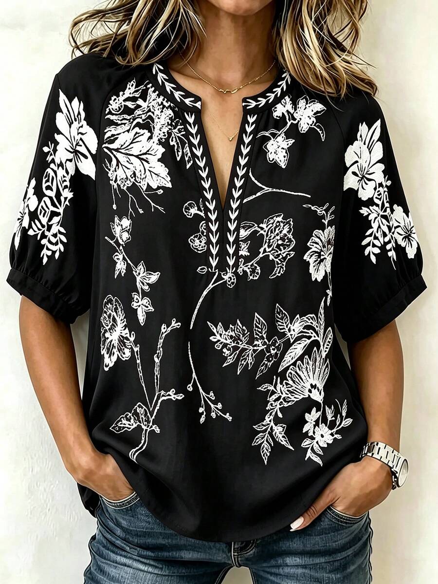 Linhara Spring Summer Autumn Casual Boho Commute Vacation Mid-Sleeve Raglan Sleeve V-Neck Floral Print Solid Color Blouse Plus Size Black - Black - View 1