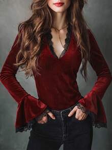 LUMIGAL Burgundy Vintage Romantic Velvet Contrast Lace Design Blouse, Autumn New Long Sleeve Flare Sleeve Elegant Top - Burgundy - View 1