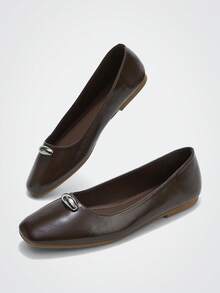 Maija Dark Brown Square Toe Metal Buckle Flat Shoes, Commuting, Dating, Light Business And Other Occasions - dark brown - View 6