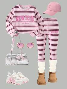SHEIN 女童幼童春秋冬季圓領衛衣套裝，長袖圓領上衣與內搭褲套裝，條紋圖案搭配 New York 字母元素，適合春秋冬季穿著，日常穿著、週末外出，可愛穿搭，女童幼童冬季衛衣套裝 - 彩色 - 查看 3