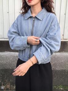 SHEIN Teen Girl Y2k Casual Blue Denim Button-Down Long-Sleeved Short Jacket Halloween And Black To School - Blue - View 4