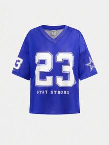 SHEIN Girlism 青少年女孩休閒極簡字母與數字圖案 23 T恤，藍色，適合夏季，適合球類運動 - 藍色 - 查看 4