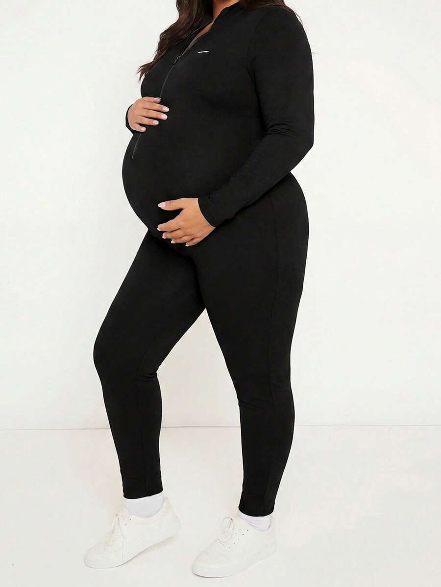 Plussiva 大尺碼孕婦拉鍊半開襟牛仔長袖連身褲 - 黑色 - 查看 1