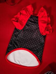 Betty Boop X PETSIN 1pc Red Polka Dot Pet Top With Ruffled Sleeves, Retro Cartoon Print, Comfortable Fit For Small Dogs And Cats, A Cute Vintage Look For Daily Wear Or Weekend Brunch Dates - Polka dot - View 9