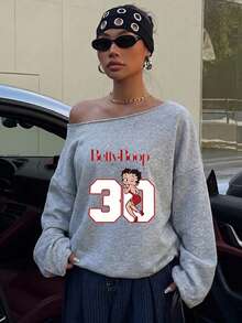 Betty Boop x SHEIN SHEIN EZwear 淺灰色女款露肩聯名印花鬆身休閒長袖衛衣，34%棉，適合外出、返校、街頭穿搭，春秋款 - 灰色 - 查看 6