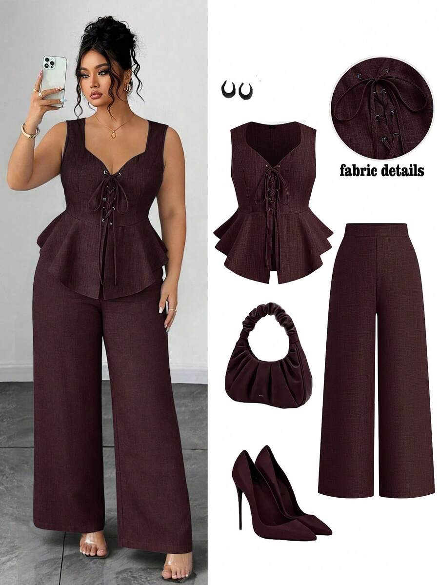 Elenzga Plus Size Women's 2-Piece Set: Two-Tone Faux Linen Comfortable Sleeveless Top With Eyelet Lace-Up Bow And Ruffle Hem, Open Front Elegant Design + Versatile Fashion Loose Commuter Suit Pants - Burgundy - View 1