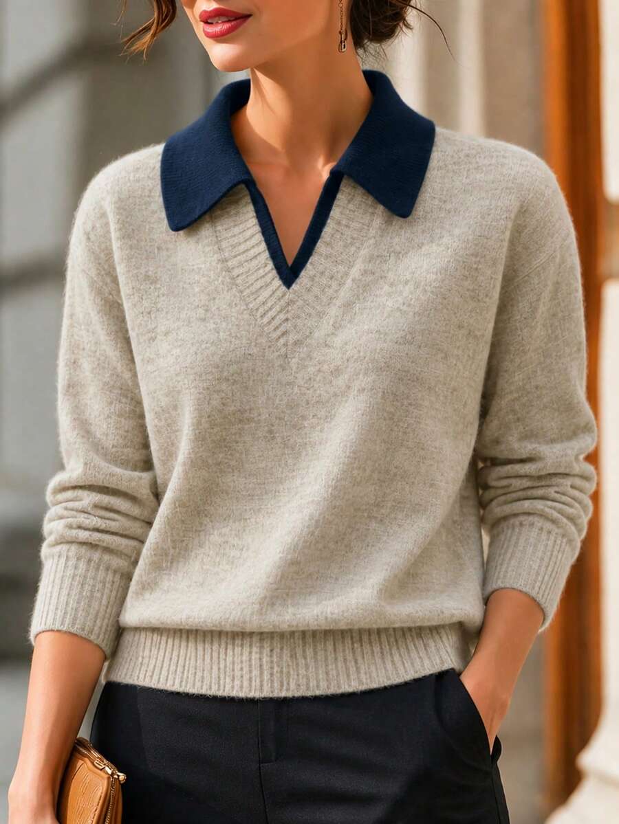 Franclia Jersey de manga larga 2 en 1 con cuello en V, otoño/invierno - Caqui - Ver 1