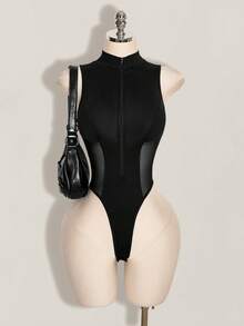 SHEIN ICON Y2k Women's Halloween Black Sexy Fashion Zipper Mesh Patchwork Bodysuit - Black - View 1