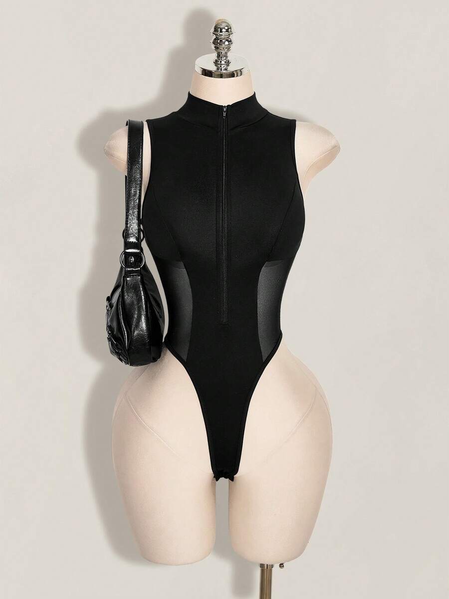 SHEIN ICON Y2k Women's Halloween Black Sexy Fashion Zipper Mesh Patchwork Bodysuit - Black - View 1