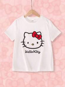 HELLO KITTY AND FRIENDS | SHEIN 1件青少年女孩趣味休閒風卡通印花T恤，圓領短袖 - 白色 - 查看 1