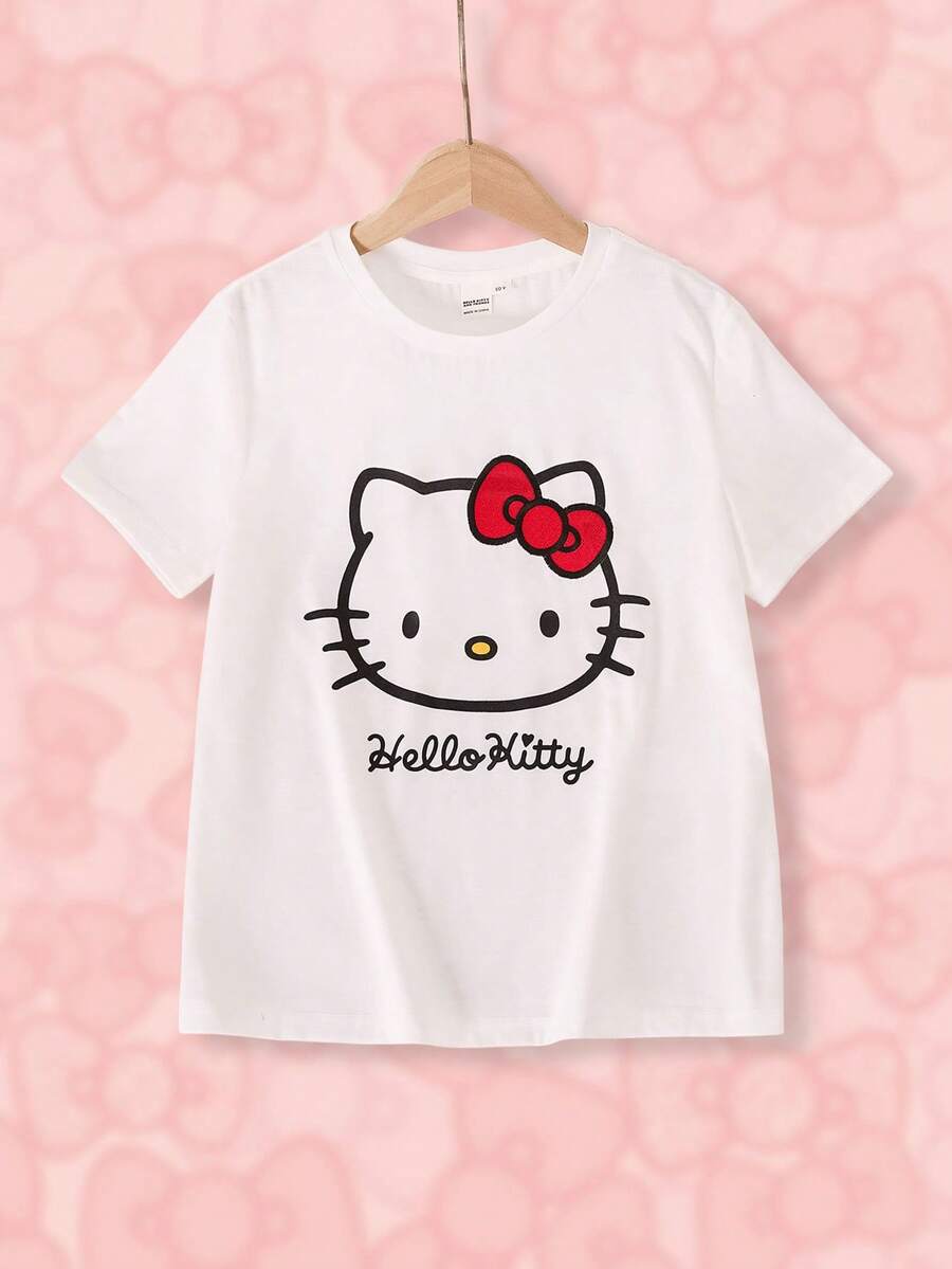 HELLO KITTY AND FRIENDS | SHEIN 1件青少年女孩趣味休閒風卡通印花T恤,圓領短袖 - 白色 - 查看 1