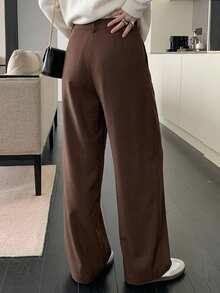 DAZY Celana Panjang Wanita Warna Polos Plisket Kasual Serbaguna untuk Harian Musim Gugur Kerja Kantor Cokelat Tua - Coffee Brown - View 5