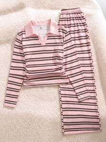 SHEIN Explorewe 青少年女孩條紋拼接短袖T恤與長褲休閒日常套裝 - 彩色 - 查看 6