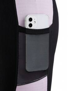 SHEIN Cheerettes 女款 3 件組拼色內衣、高腰緊身褲與圓領上衣休閒日常運動套裝，黑色與紫色，柔軟彈性、防透深蹲、側邊口袋壓力褲 - 彩色 - 查看 10