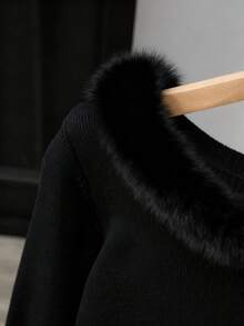 Franclia Women's Solid Color Long Sleeve Fashionable Patchwork Fur Collar Sweater, Autumn/Winter - Black - View 4