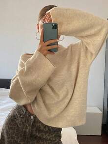 DAZY Women's Solid Color Loose Asymmetric Cold Shoulder Long Sleeve Casual Vacation Spring Autumn Pullover Knit Sweater - Apricot - View 4