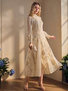 Anewsta Women's Long Sleeve Elegant Lady Embroidered Fabric Mid-Length Mesh Dress - Beige - View 4