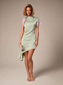 AiiRZ Satin Mini Dress With Pink Lace Cap Sleeves Asymmetric Ruffle Hem Round Neck Party Spring Summer Event Dress - Green - View 1