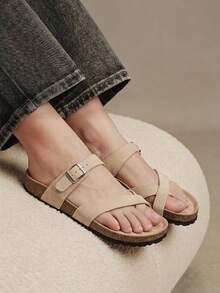 Solecia Women's Adjustable Buckle Casual Beach Slippers For Christmas Summer Shoes - apricot flannel - View 8