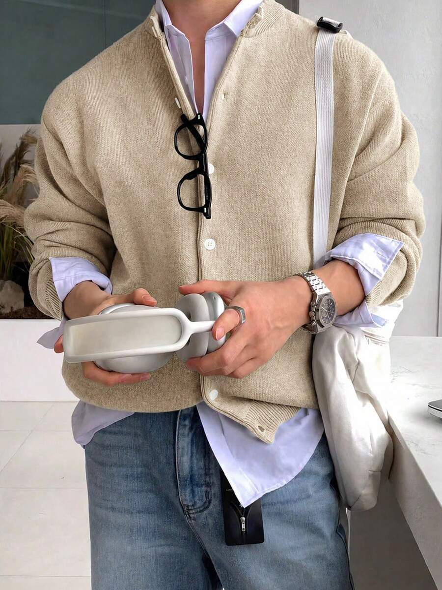 Manfinity CasualKnits Men's Solid Color Long Sleeve Single-Breasted Casual Knit Cardigan - Apricot - View 1