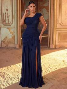 Glamrae Plus Size New Elegant Deep Royal Blue Mesh One-Shoulder Ruched Slimming Asymmetrical A-Line Skirt With High Slit For Wedding Bridesmaid Formal - Blue - View 1