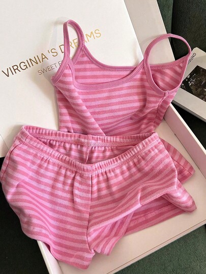 INAWLY Plus Size Women's Minimalist Fashion Casual Vacation Style Striped Cami & Shorts Set