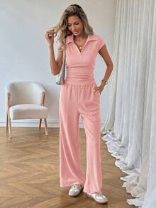 SHEIN LUNE 休閒女款 Polo 領短袖上衣與長褲 2 件套裝 - 粉色 - 查看 5