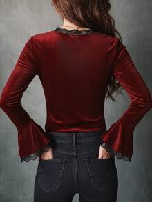 LUMIGAL Burgundy Vintage Romantic Velvet Contrast Lace Design Blouse, Autumn New Long Sleeve Flare Sleeve Elegant Top - Burgundy - View 2