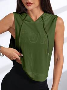 Eassivo Eassivo 字母刺繡無袖連帽運動衛衣 - 軍綠色 - 查看 5