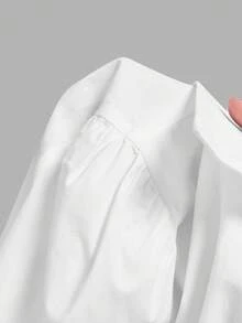SHEIN MOD 女款純棉白色短袖黑色領結襯衫，學院風，返校季，日常通勤，辦公穿搭 - 白色 - 查看 6