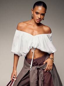 Hauture Women's Summer Sexy Minimalist Lantern Sleeve Off-Shoulder Crop Top, Perfect For Chic Office Wear, Going Out, Concerts, Girls Day, Brunch - White - View 4